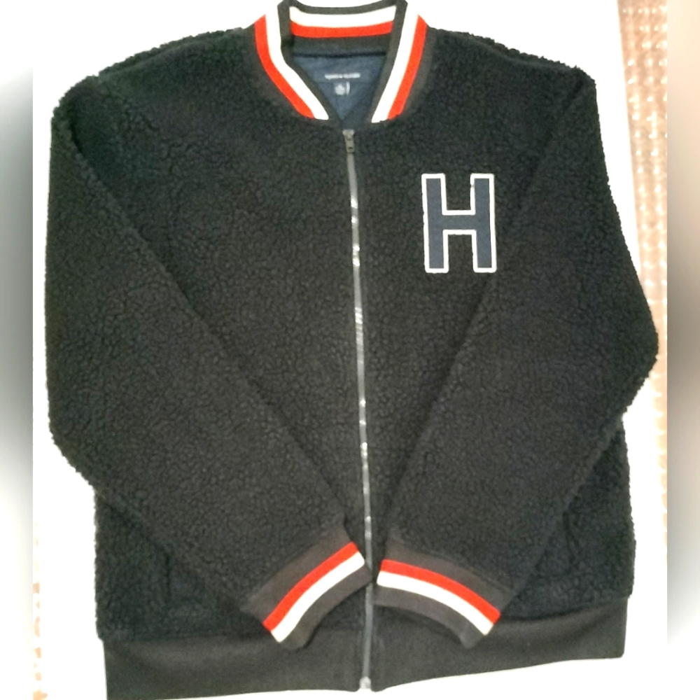 Vintage Tommy Hilfiger Black Sherpa Jacket with Red and White Trim XL